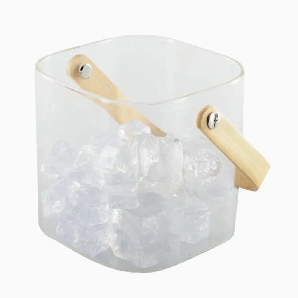 11.5" x 11" x 11" glass ice bucket with wooden handles